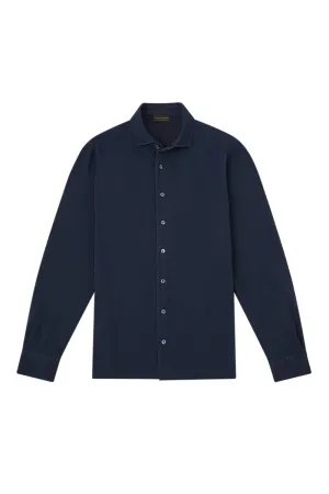 Navy Long Sleeve Piqué Cotton Shirt