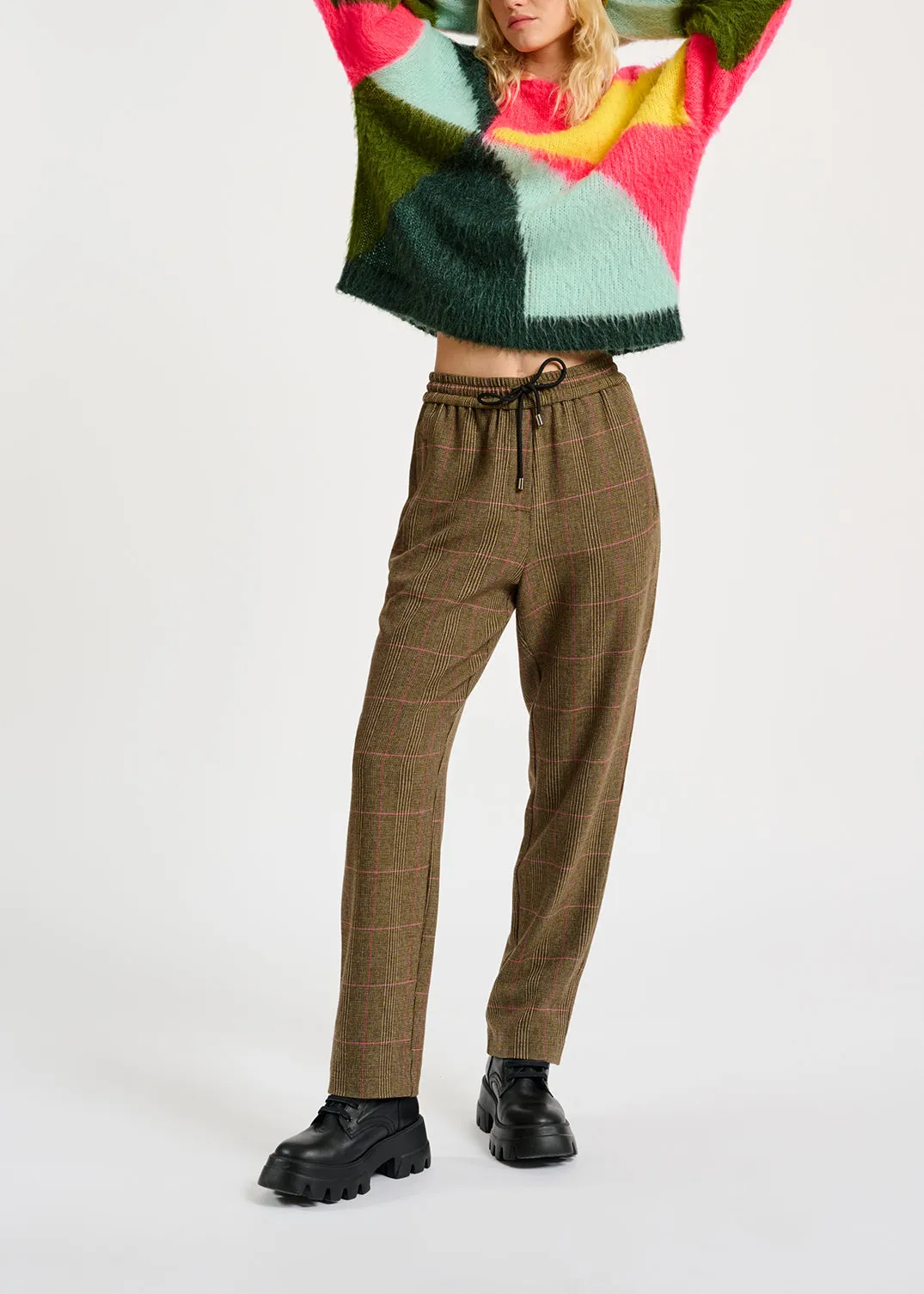 Neon pink, light blue and yellow intarsia-knitted sweater