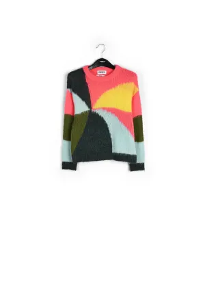 Neon pink, light blue and yellow intarsia-knitted sweater