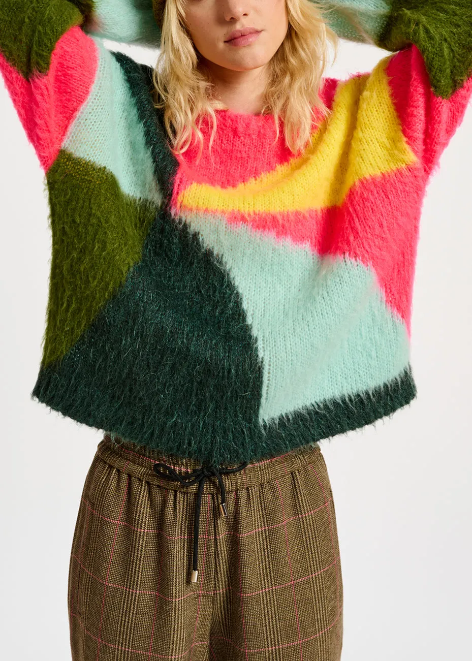 Neon pink, light blue and yellow intarsia-knitted sweater