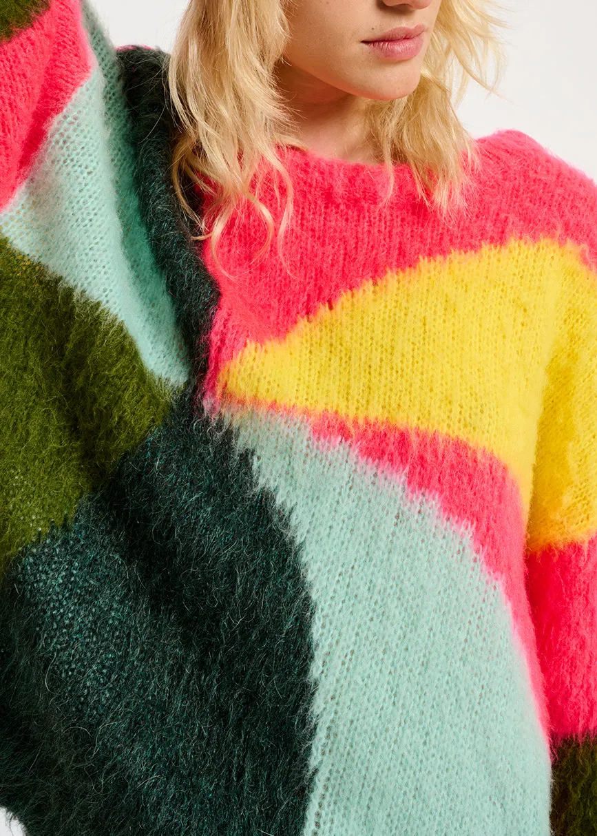 Neon pink, light blue and yellow intarsia-knitted sweater