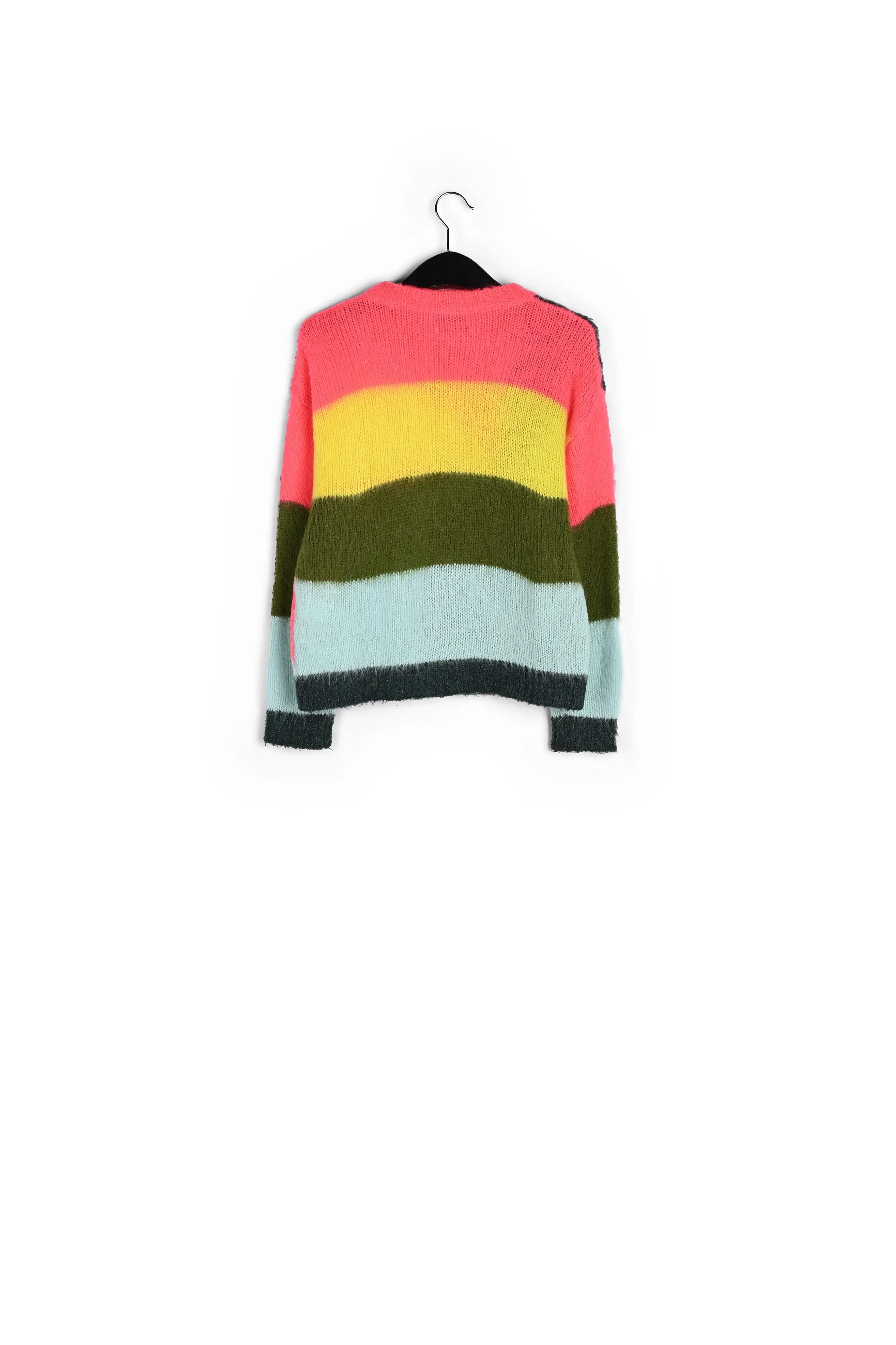 Neon pink, light blue and yellow intarsia-knitted sweater
