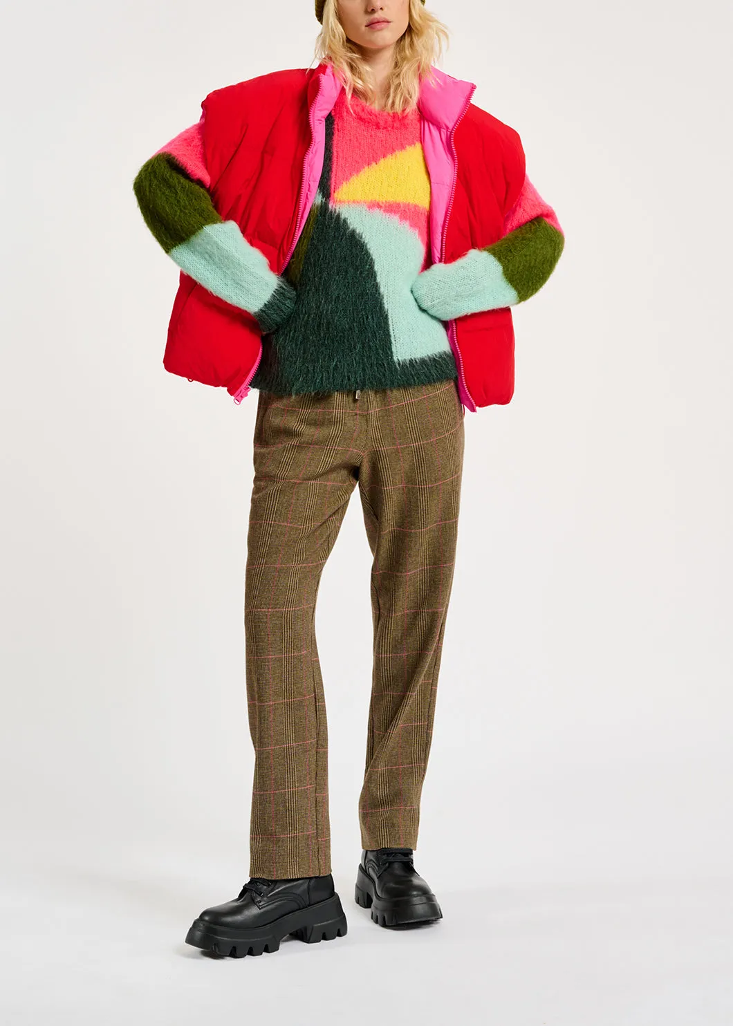 Neon pink, light blue and yellow intarsia-knitted sweater