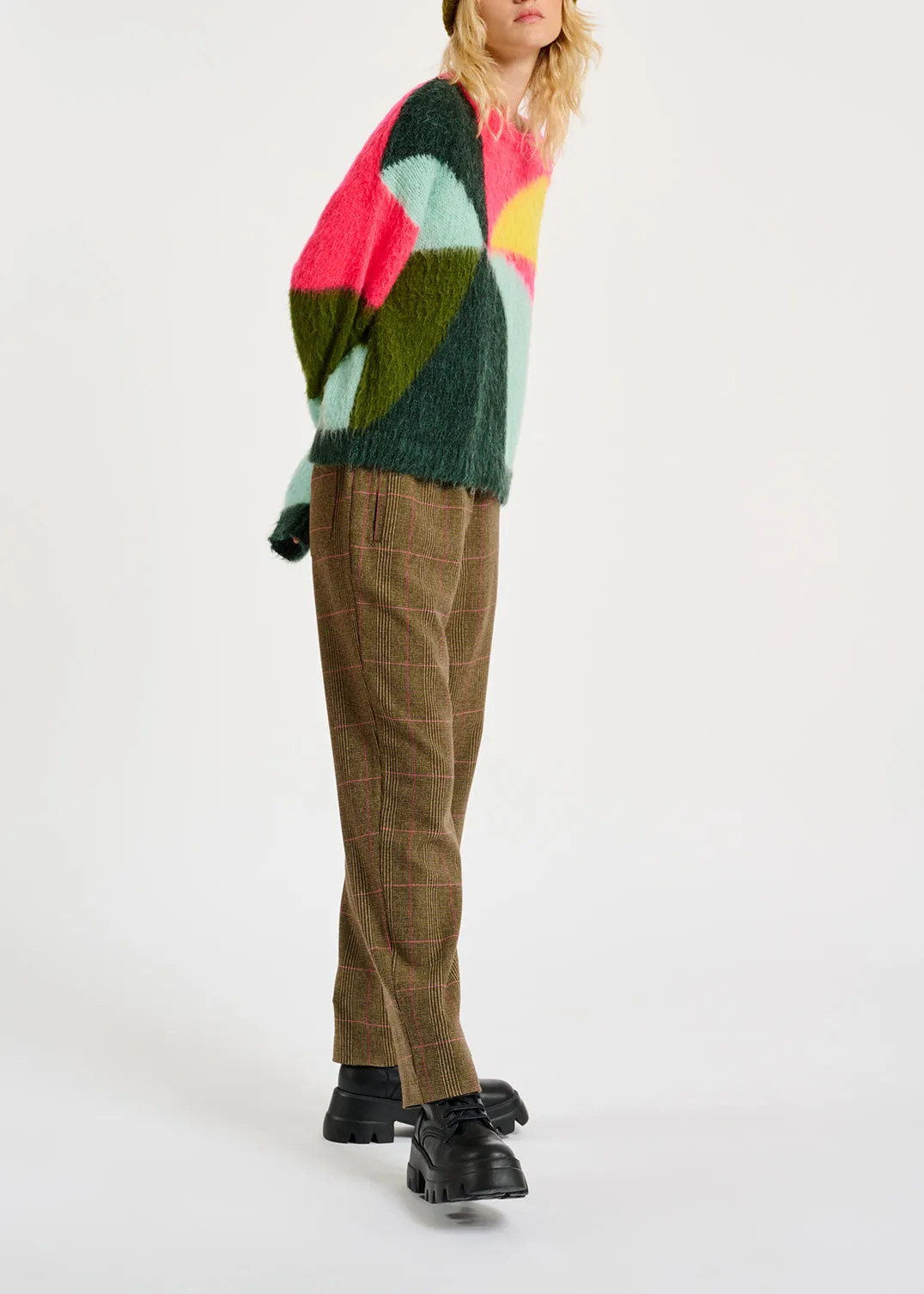 Neon pink, light blue and yellow intarsia-knitted sweater