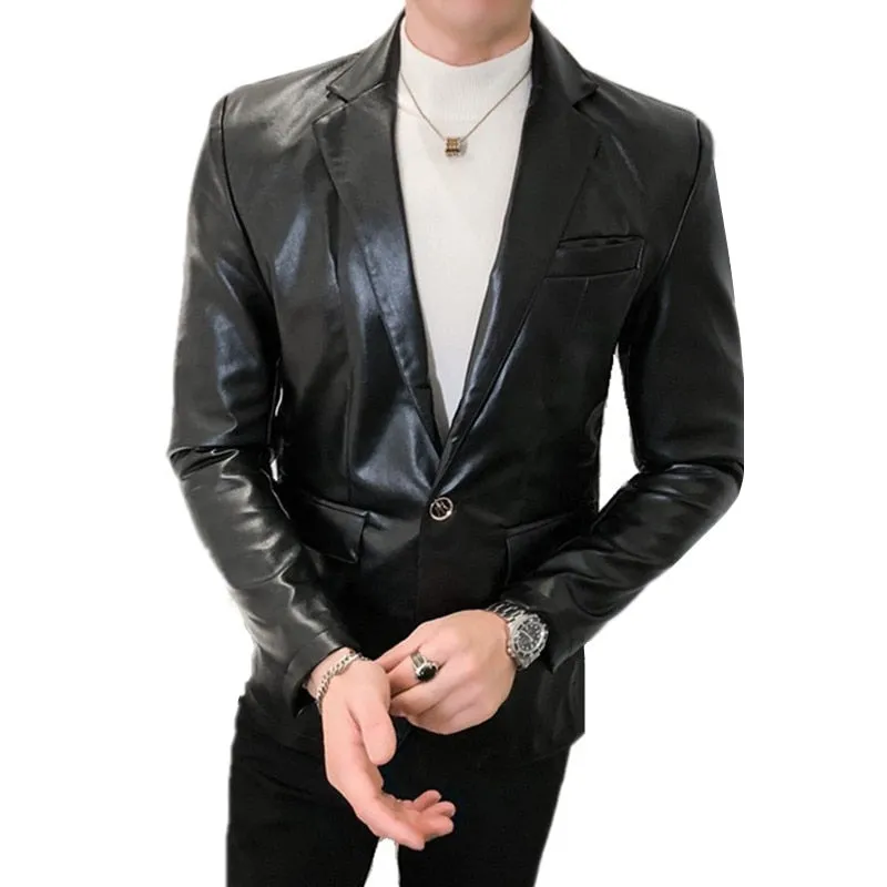 New Autumn Faux PU Leather Suit Jacket Men Korean Trendy Slim Fit White Red Black Fashion Streetwear Blazer Coat Male