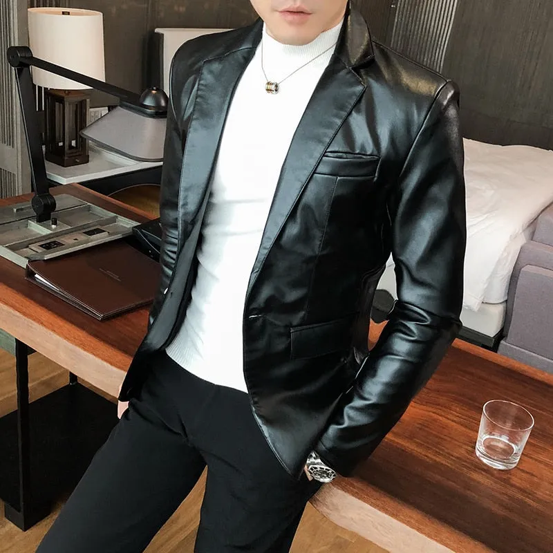 New Autumn Faux PU Leather Suit Jacket Men Korean Trendy Slim Fit White Red Black Fashion Streetwear Blazer Coat Male