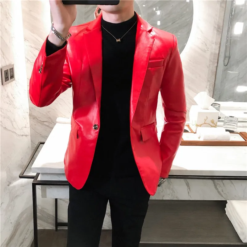 New Autumn Faux PU Leather Suit Jacket Men Korean Trendy Slim Fit White Red Black Fashion Streetwear Blazer Coat Male
