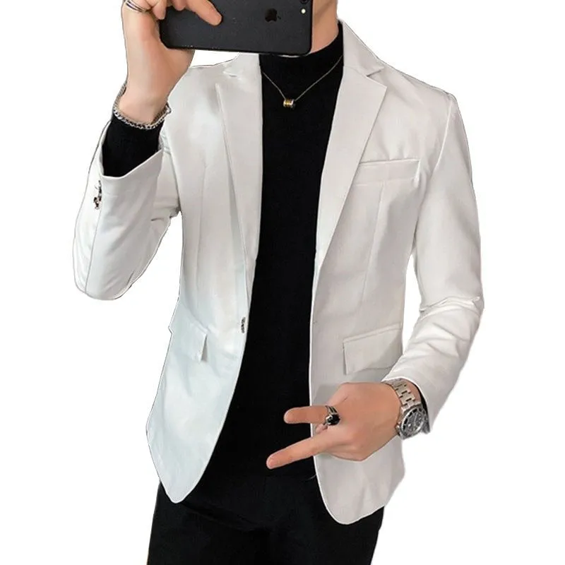 New Autumn Faux PU Leather Suit Jacket Men Korean Trendy Slim Fit White Red Black Fashion Streetwear Blazer Coat Male