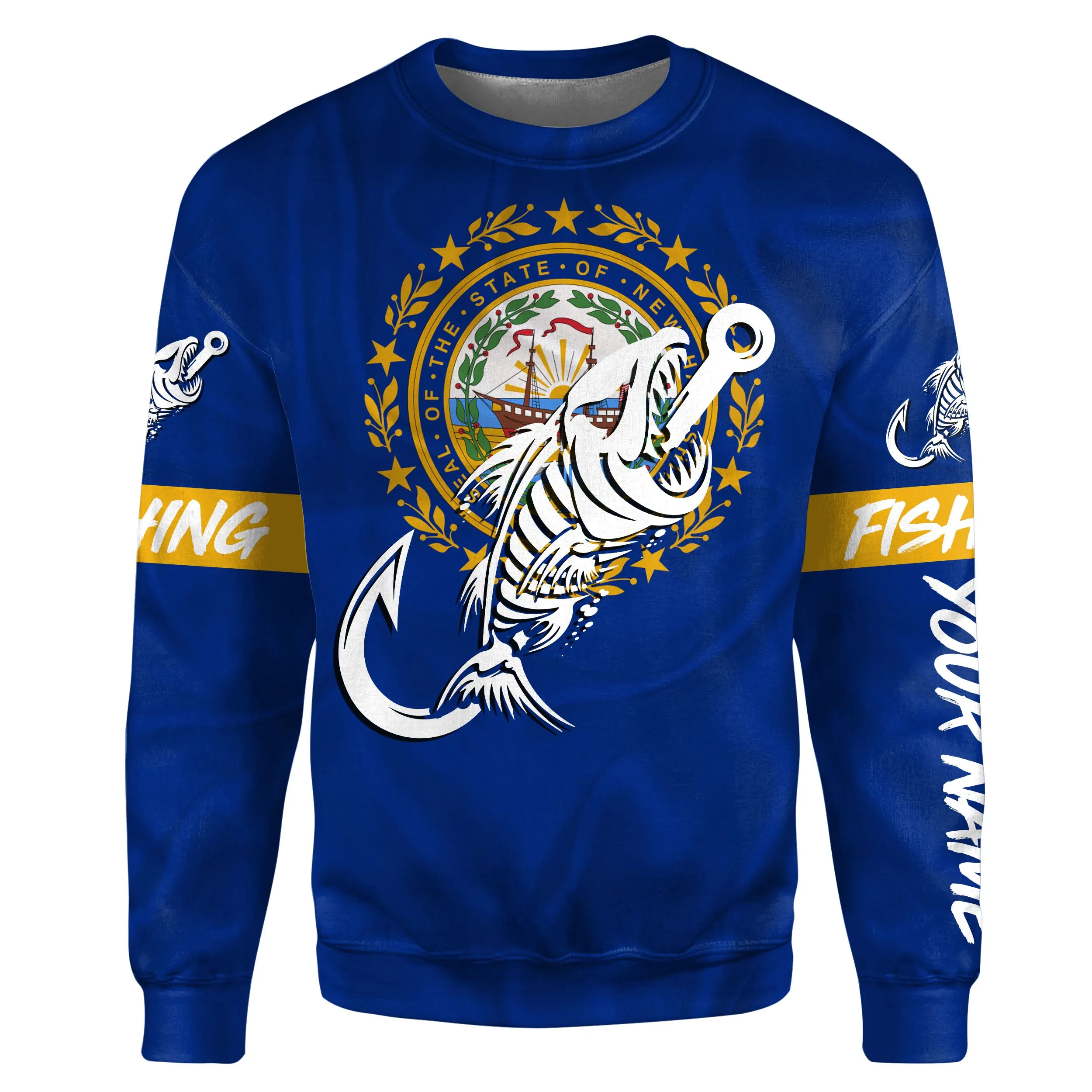 NH New Hampshire Fishing Flag Fish hook skull Custom name fishing jerseys | Sweatshirt - NPQ735