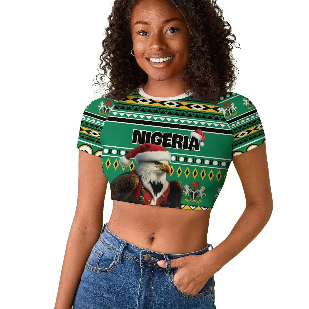 Nigeria Christmas Raglan Cropped T shirt Eagle Santa - African Pattern LT01