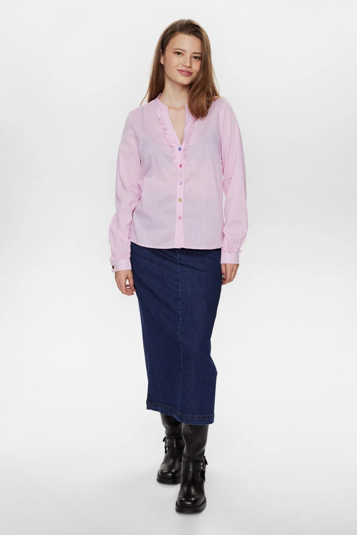 Numph Nufarrah Pinstripe Ruffle Shirt