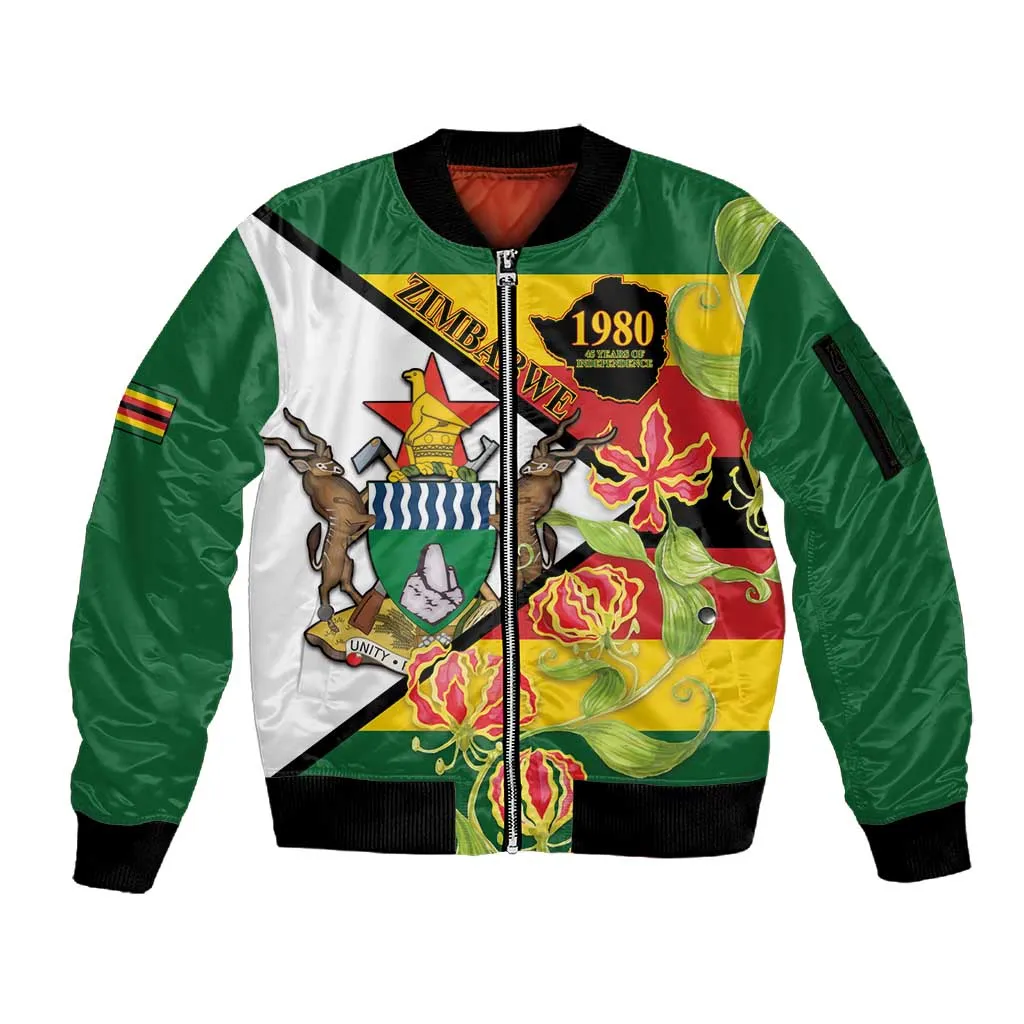 Nyika yeZimbabwe Sleeve Zip Bomber Jacket Happy Independence Day - Flame Lily Flowers LT14