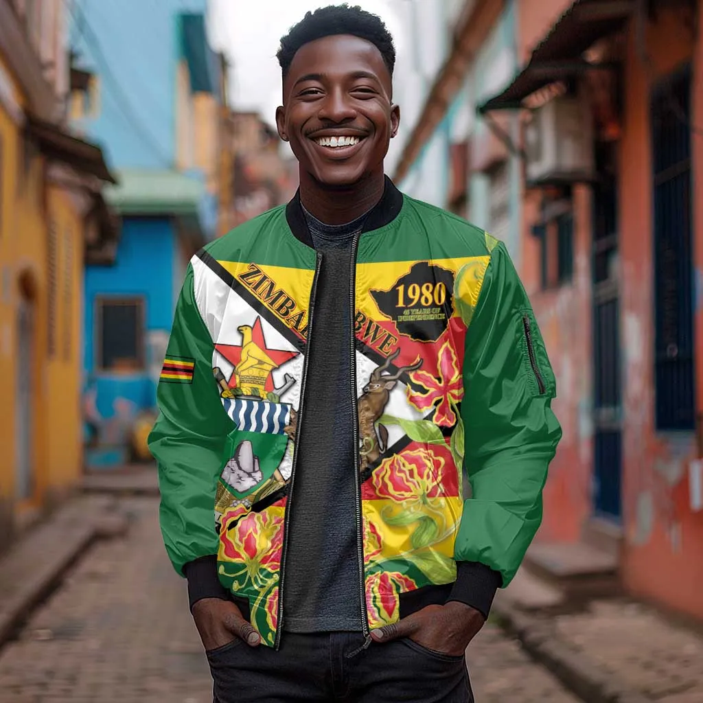 Nyika yeZimbabwe Sleeve Zip Bomber Jacket Happy Independence Day - Flame Lily Flowers LT14