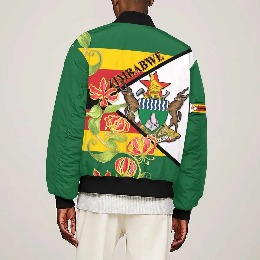Nyika yeZimbabwe Sleeve Zip Bomber Jacket Happy Independence Day - Flame Lily Flowers LT14