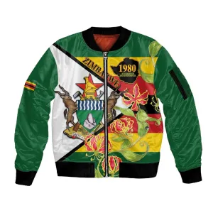 Nyika yeZimbabwe Sleeve Zip Bomber Jacket Happy Independence Day - Flame Lily Flowers LT14