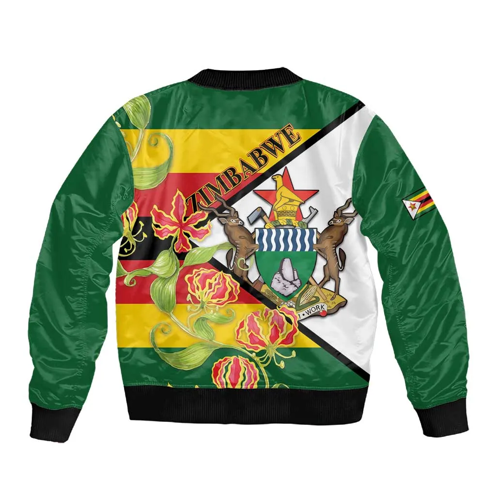 Nyika yeZimbabwe Sleeve Zip Bomber Jacket Happy Independence Day - Flame Lily Flowers LT14