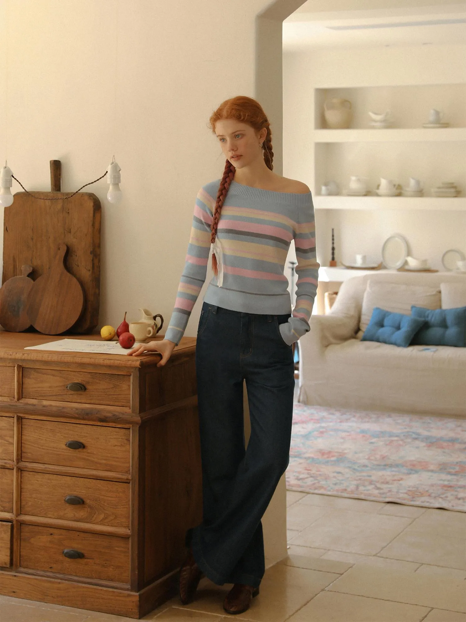 Oblique Shoulder Striped Knit Sweater