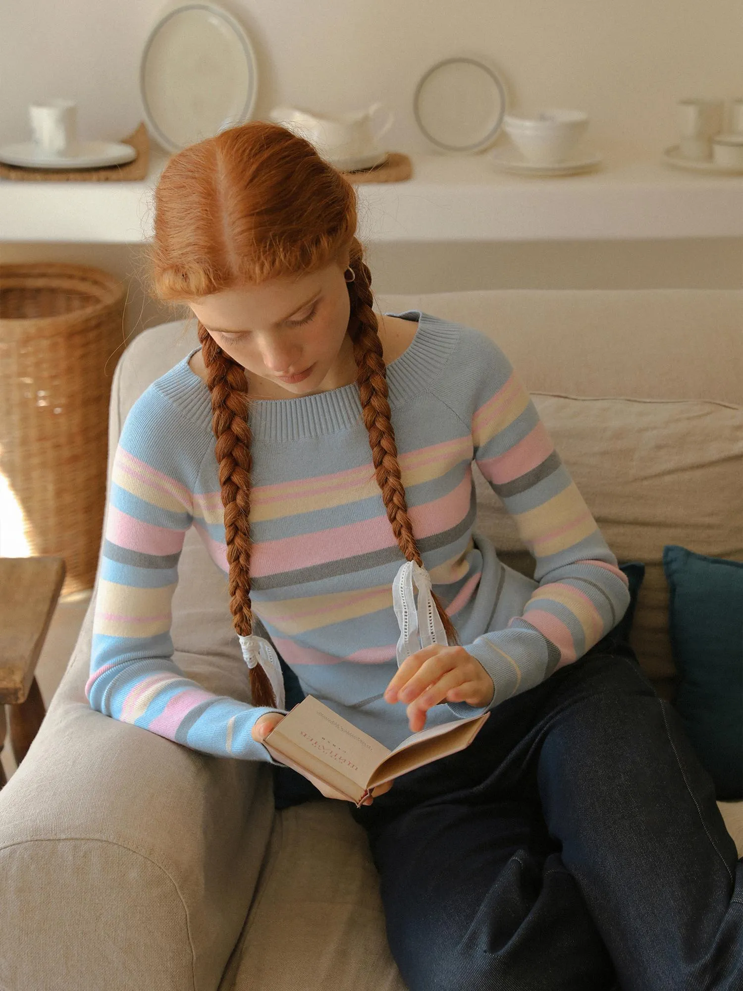 Oblique Shoulder Striped Knit Sweater