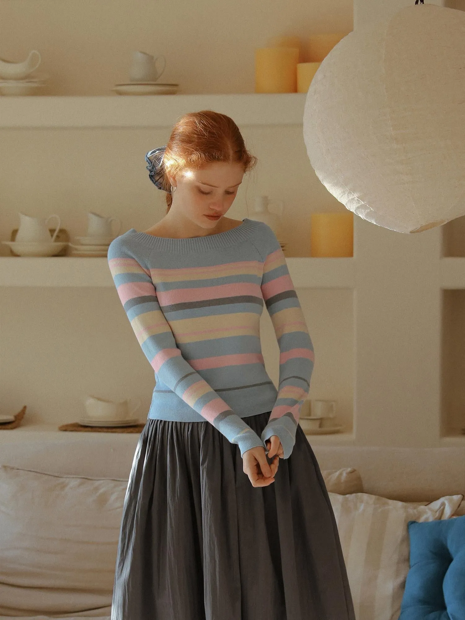 Oblique Shoulder Striped Knit Sweater