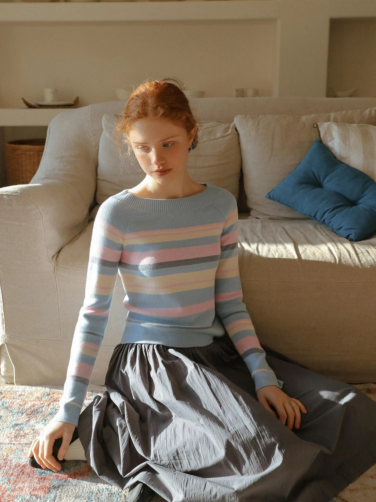 Oblique Shoulder Striped Knit Sweater