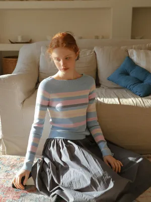 Oblique Shoulder Striped Knit Sweater