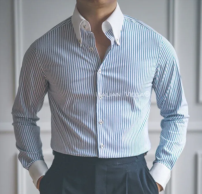 Old Money Classic Stripe Shirt with Dark Blue Denim Signature Buttoned Gurkha Pant by ITALIAN VEGA®