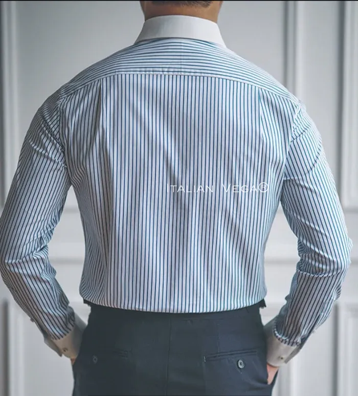 Old Money Classic Stripe Shirt with Dark Blue Denim Signature Buttoned Gurkha Pant by ITALIAN VEGA®