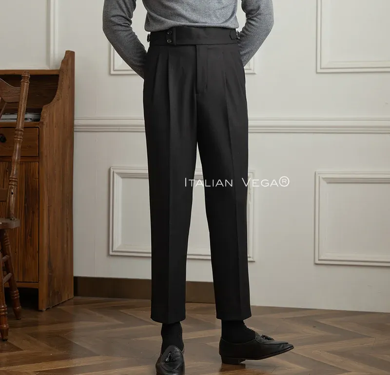 Old Money Crepe Stripe Shirt with Black Herringbone Signature Buttoned Gurkha Pant by ITALIAN VEGA®