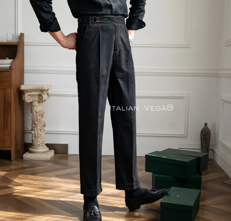 Old Money Crepe Stripe Shirt with Space Blue Veteran Denim Gurkha Pant by ITALIAN VEGA®