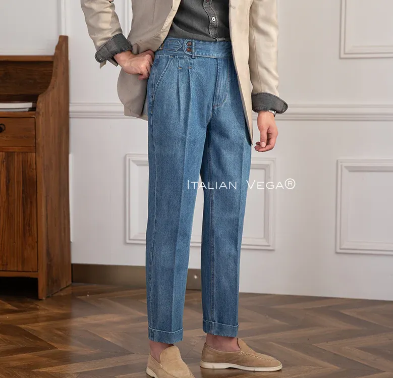 Old Money Grey Stripe Shirt with Sky Blue Denim Signature Buttoned Gurkha Pant by ITALIAN VEGA®