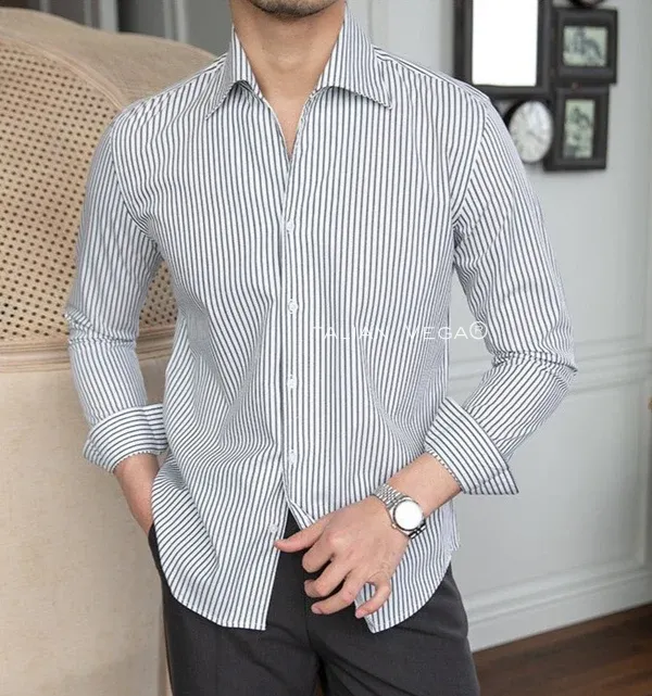 Old Money Grey Stripe Shirt with Sky Blue Denim Signature Buttoned Gurkha Pant by ITALIAN VEGA®
