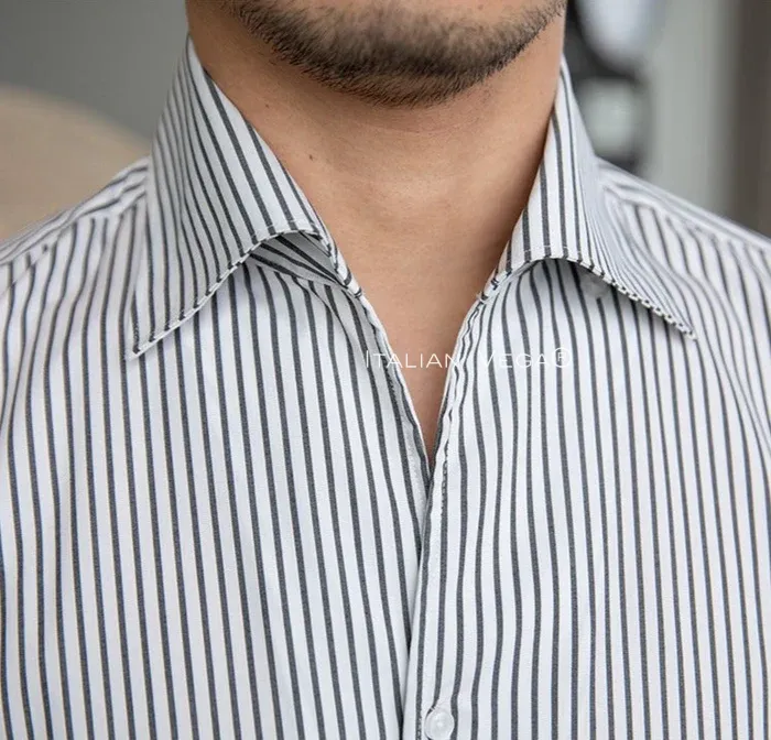 Old Money Grey Stripe Shirt with Sky Blue Denim Signature Buttoned Gurkha Pant by ITALIAN VEGA®