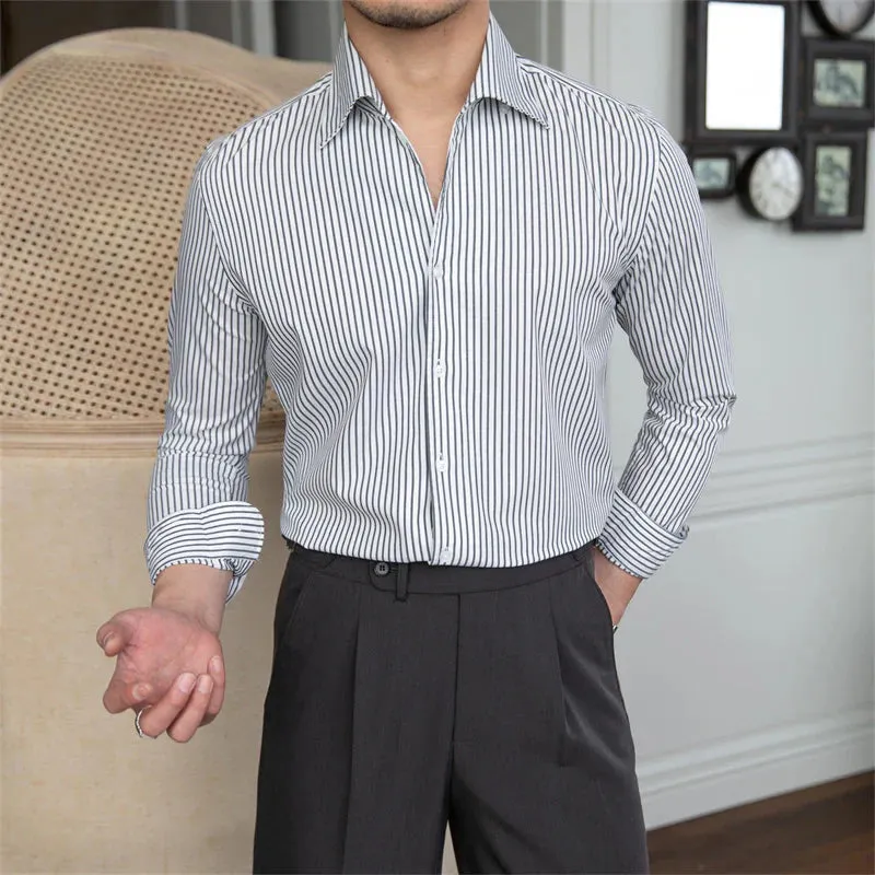 Old Money Grey Stripe Shirt with Sky Blue Denim Signature Buttoned Gurkha Pant by ITALIAN VEGA®