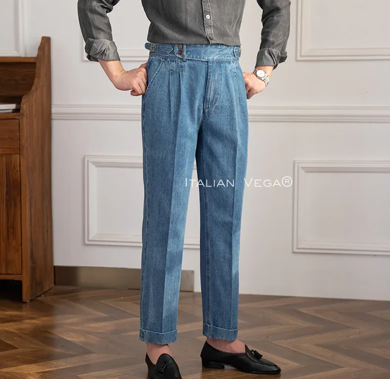Old Money Grey Stripe Shirt with Sky Blue Denim Signature Buttoned Gurkha Pant by ITALIAN VEGA®