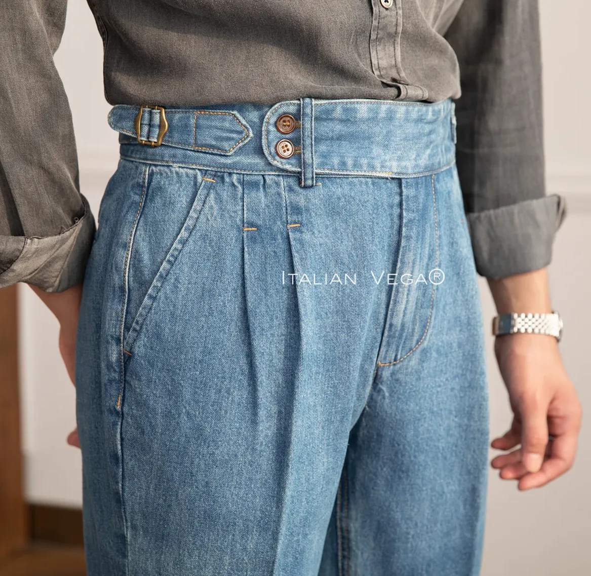 Old Money Grey Stripe Shirt with Sky Blue Denim Signature Buttoned Gurkha Pant by ITALIAN VEGA®