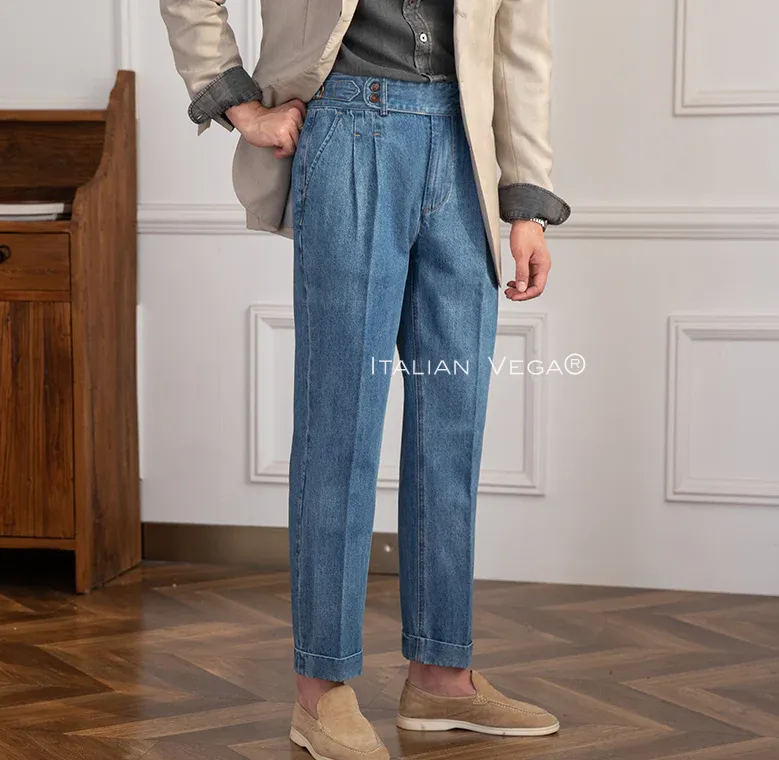 Old Money Grey Stripe Shirt with Sky Blue Denim Signature Buttoned Gurkha Pant by ITALIAN VEGA®