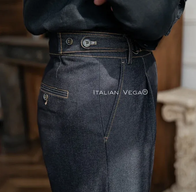 Old Money Navy Stripe Shirt with Space Blue Veteran Denim Gurkha Pant by ITALIAN VEGA®