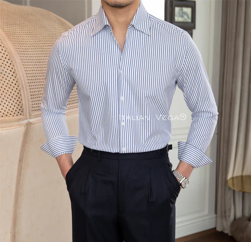 Old Money Navy Stripe Shirt with Space Blue Veteran Denim Gurkha Pant by ITALIAN VEGA®