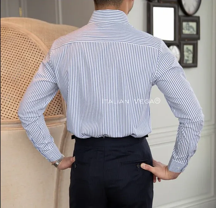 Old Money Navy Stripe Shirt with Space Blue Veteran Denim Gurkha Pant by ITALIAN VEGA®