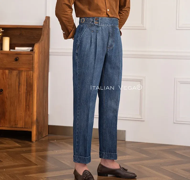 Old Money Powder Blue Shirt with Dark Blue Denim Signature Buttoned Gurkha Pant by ITALIAN VEGA®