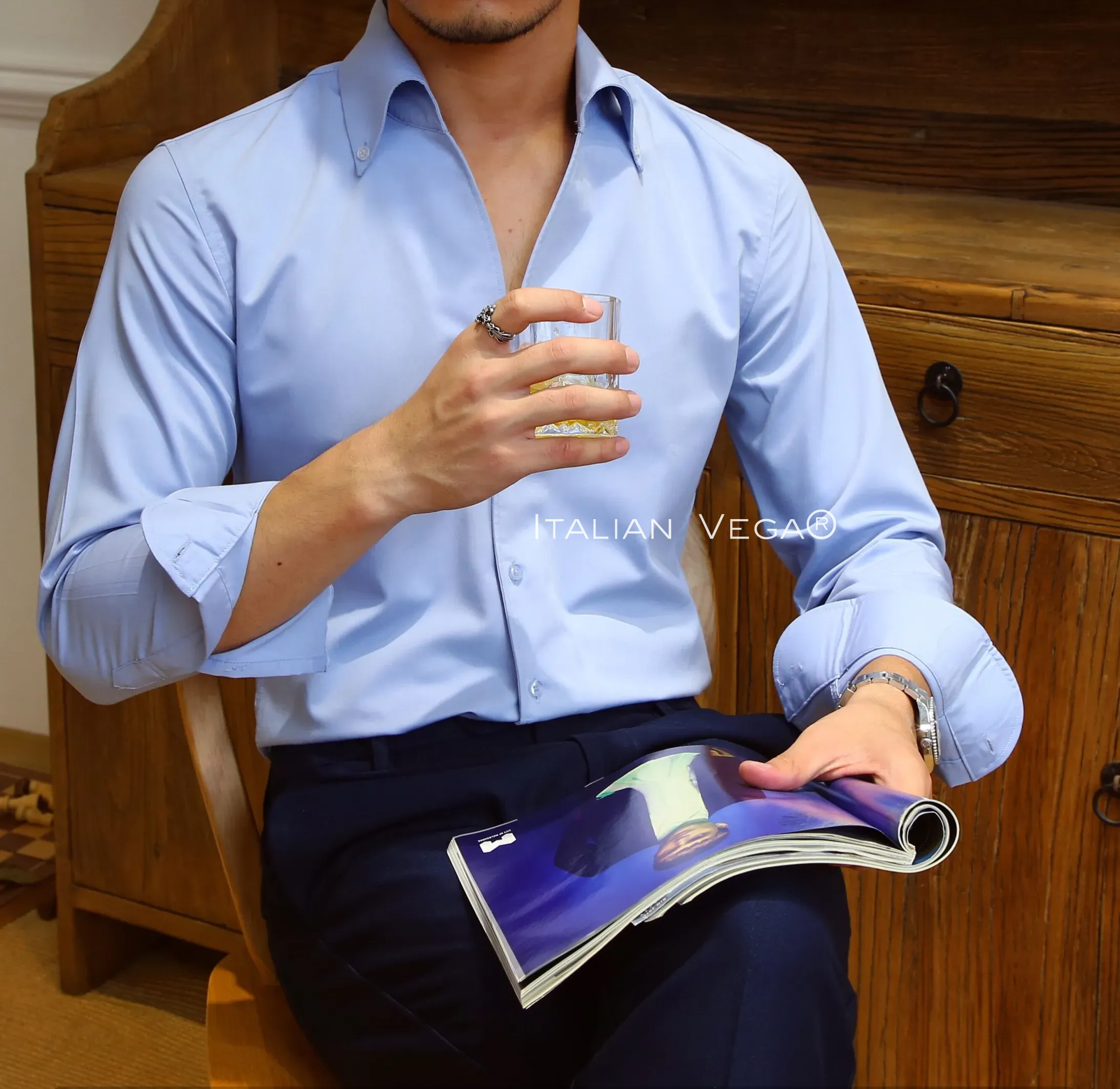 Old Money Powder Blue Shirt with Dark Blue Denim Signature Buttoned Gurkha Pant by ITALIAN VEGA®