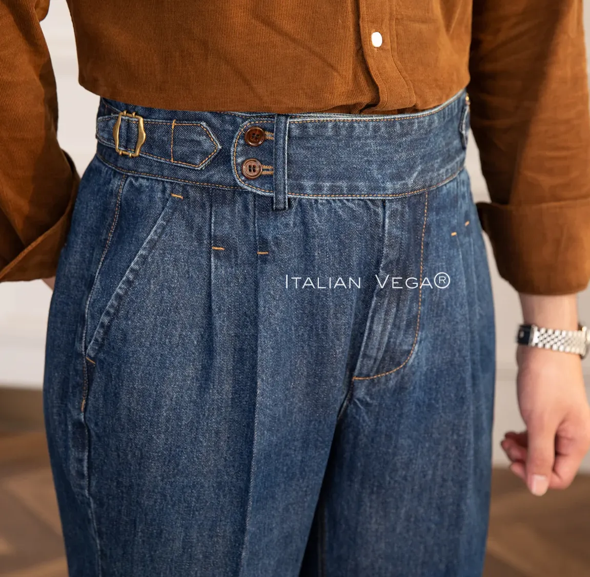 Old Money Powder Blue Shirt with Dark Blue Denim Signature Buttoned Gurkha Pant by ITALIAN VEGA®