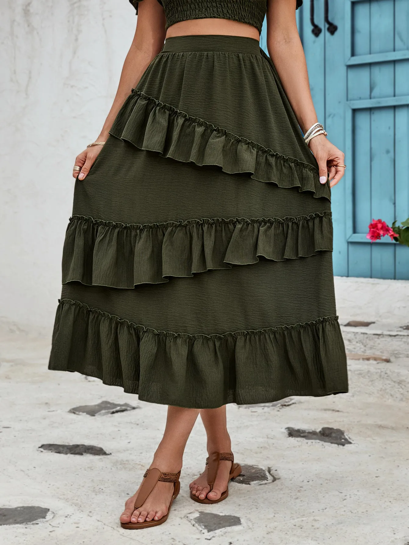 Olive Midi Skirt With Ruffle Detail