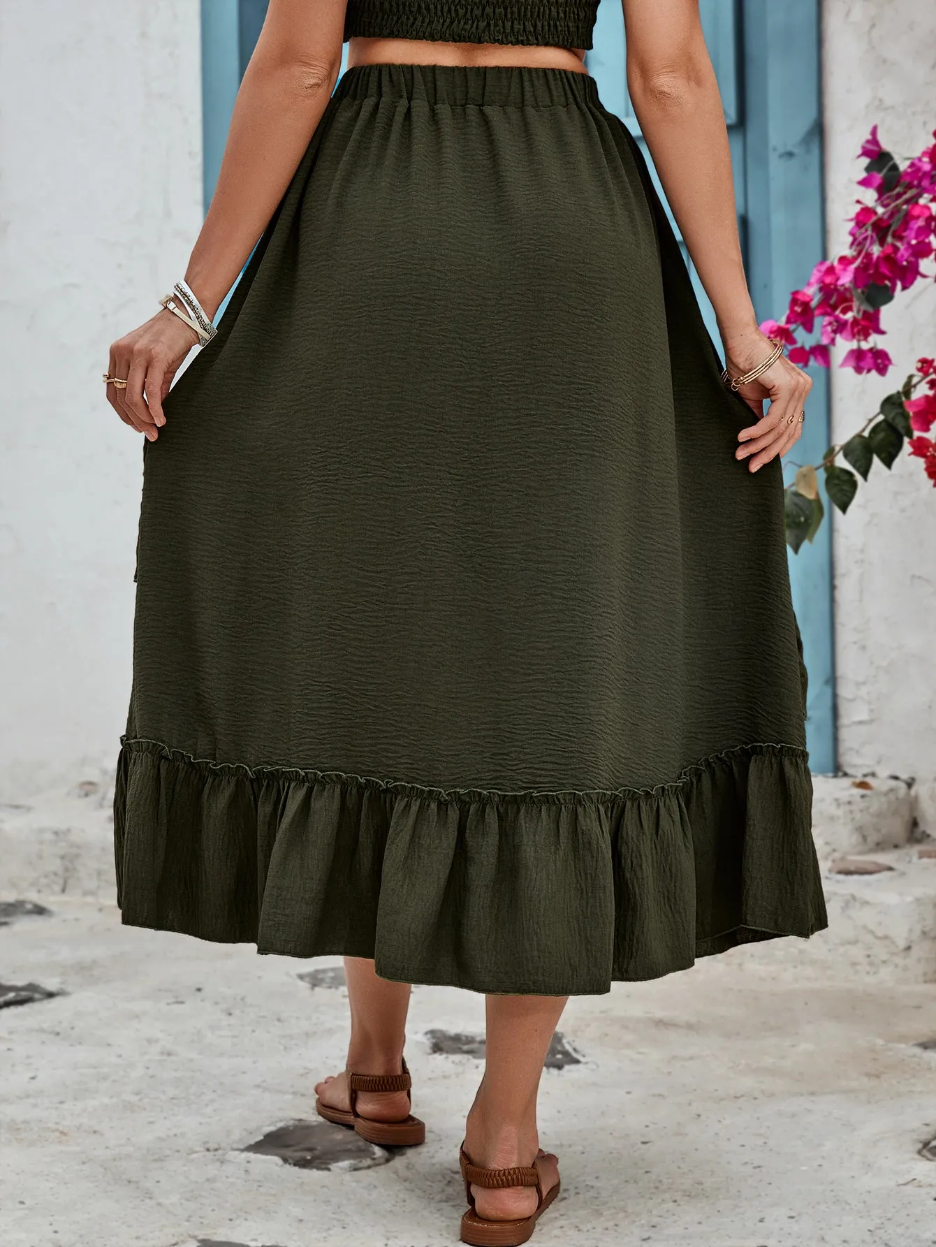 Olive Midi Skirt With Ruffle Detail