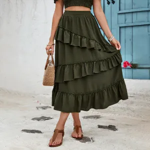 Olive Midi Skirt With Ruffle Detail