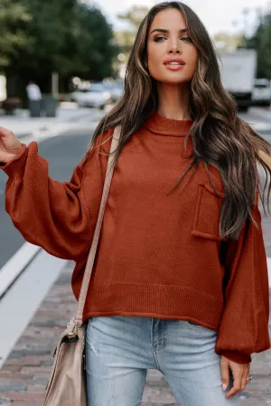 Orange Raw Edge Patch Pocket Exposed Seam Loose Sweater