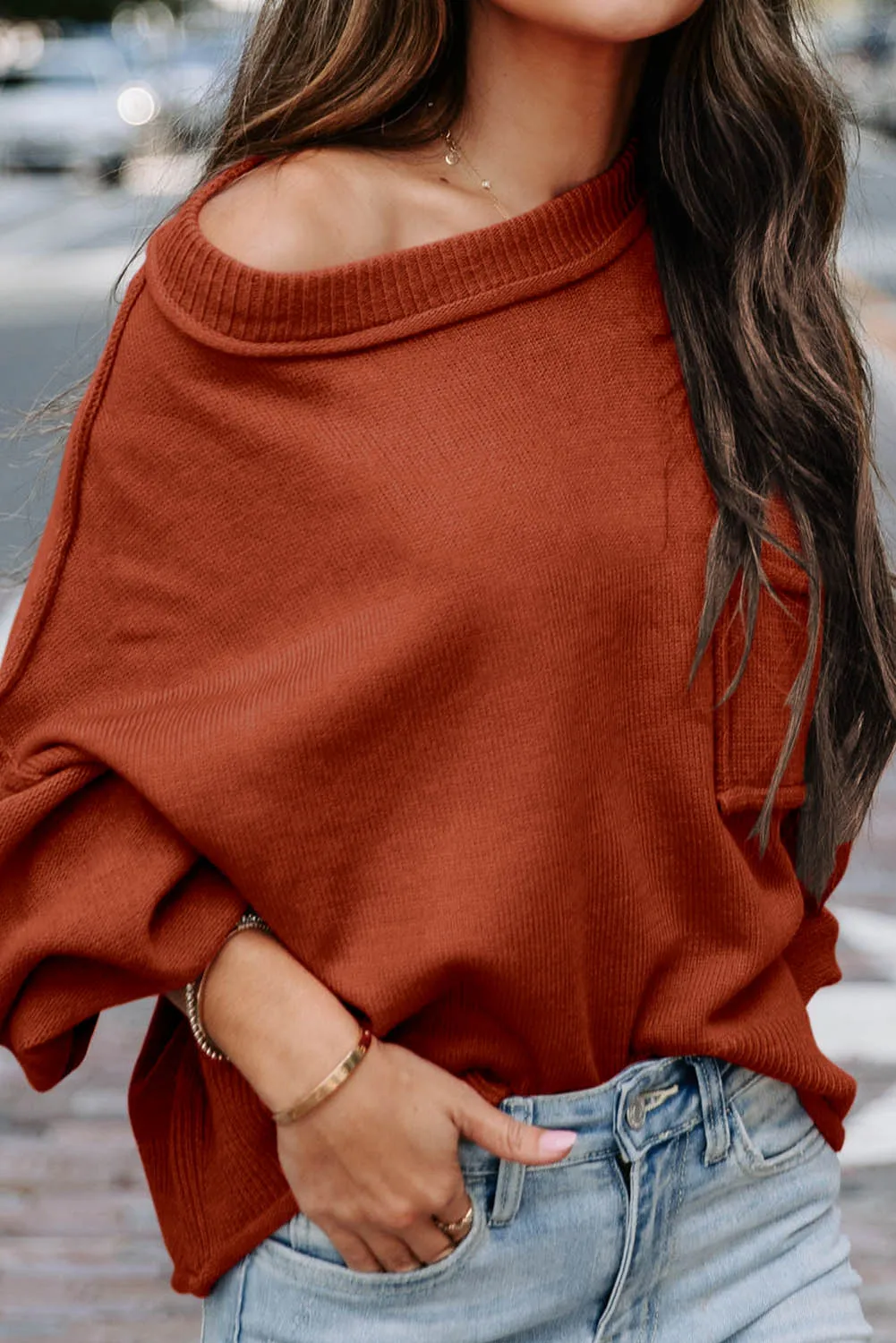 Orange Raw Edge Patch Pocket Exposed Seam Loose Sweater