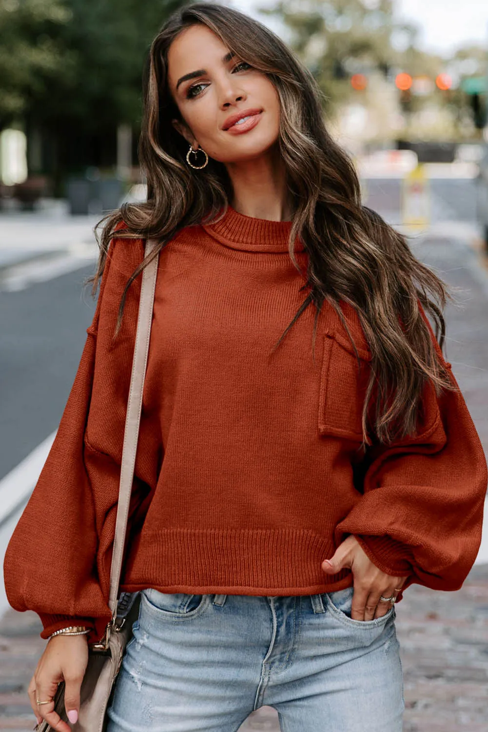 Orange Raw Edge Patch Pocket Exposed Seam Loose Sweater