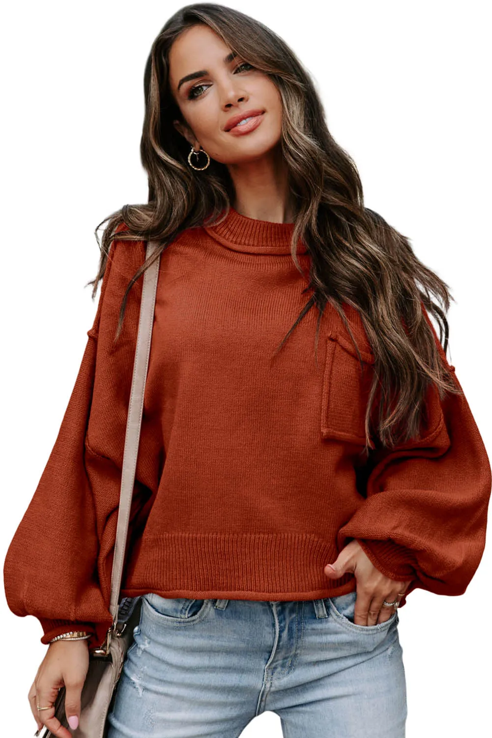 Orange Raw Edge Patch Pocket Exposed Seam Loose Sweater