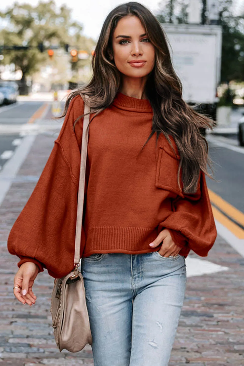 Orange Raw Edge Patch Pocket Exposed Seam Loose Sweater
